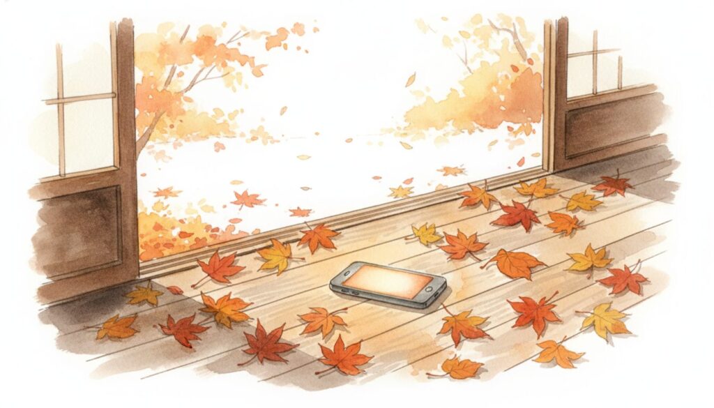 縁側に落ち葉とスマートフォンの水彩イラスト